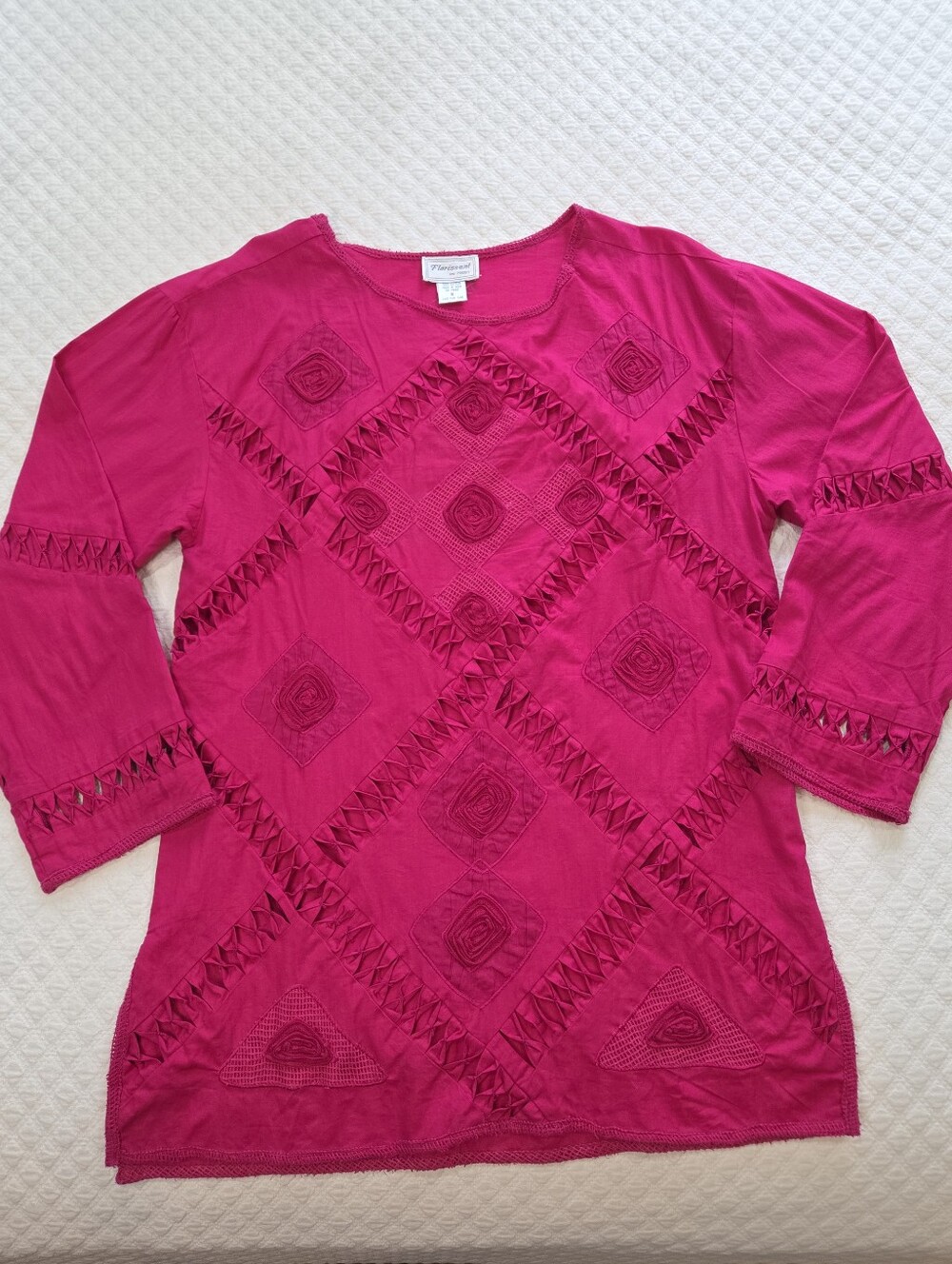 Florissant Fuschia Pink Cotton Tunic Blouse Top Kurti 3D Rosette 3/4 Sleeve